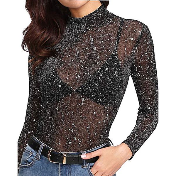 

women's slim sequin see through solid color long sleeve glitter shirt female wild blouse plus size newest, White