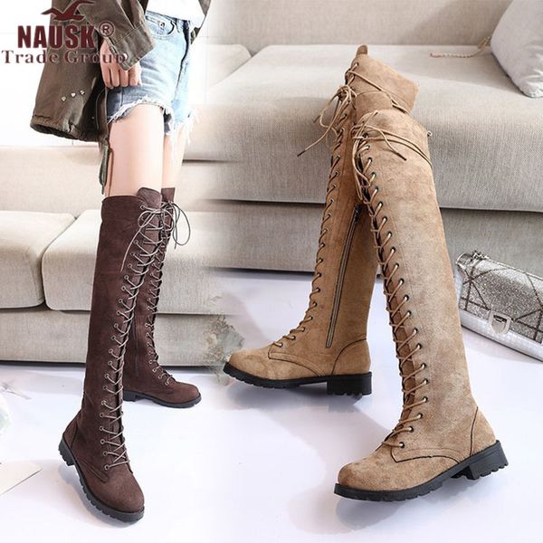 

nausk 2019 women over knee boots girl round head fastened female boots frenulum square heels warm botas mujer, Black