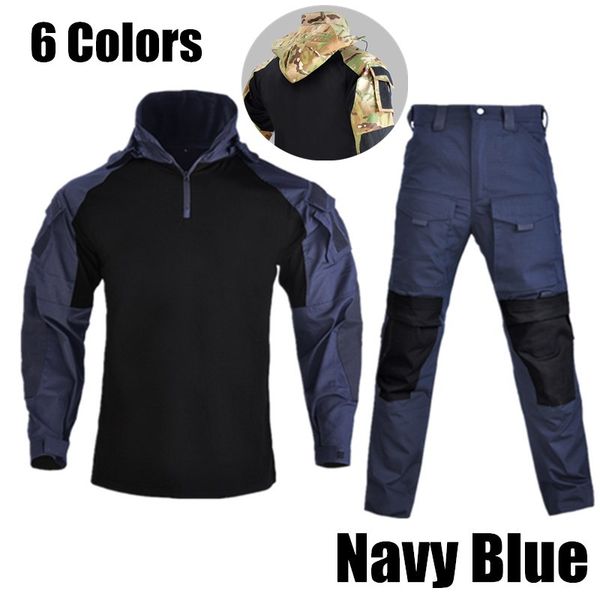 

running jerseys navy blue uniform camouflage long sleeve hooded tactical shirt pants outdoor army fan training combat clothes plus size, Black;blue