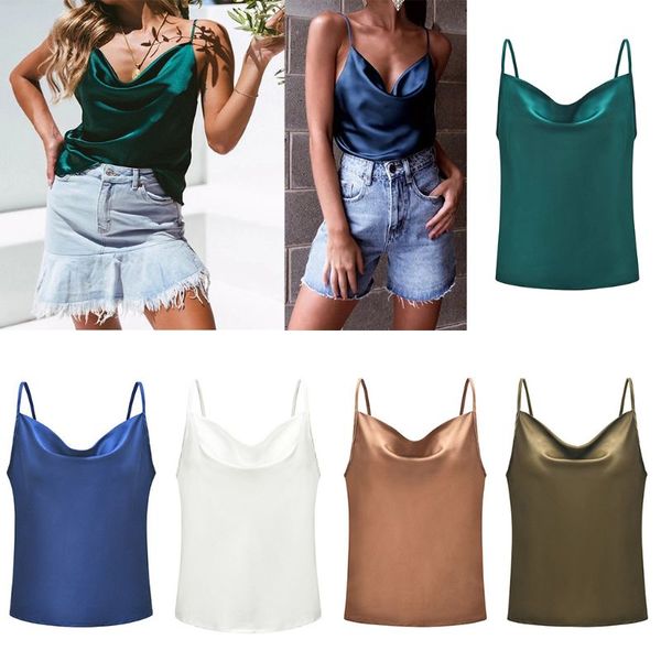 

2019 summer women lady chic slim wild solid/print satin camis vest tank female adjustable spaghetti strap basic, White