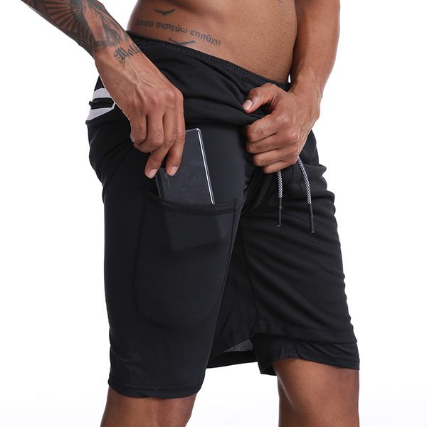 

men's gyms shorts double-deck running shorts quick drying sports fitness bodybuilding workout built-in pockets men, Black;blue