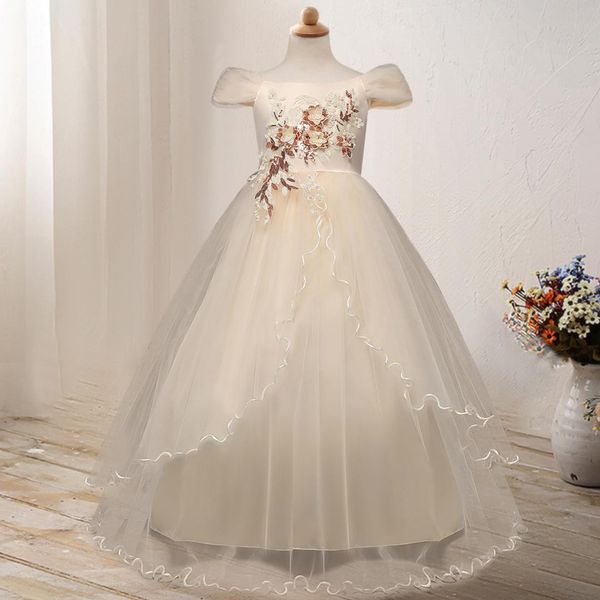 

2019 children catwalks wedding dress kids camisole off-shoulder gauze piano costume host long skirts, Red;yellow