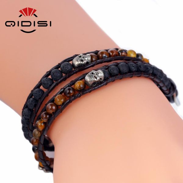 

tiger eye stone + lava stone beads copper genuine leather bracelet shank bangle cuff rope bead 2 wrap adjustable, Golden;silver