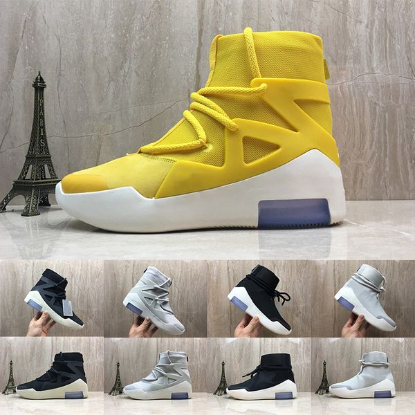 

2019 Модные воздушные страхи Божьи 1 Высокие кроссовки Модные ботинки FOG Уличные сапоги Тройные желтые черные серые мужские дизайнерские кроссовки
