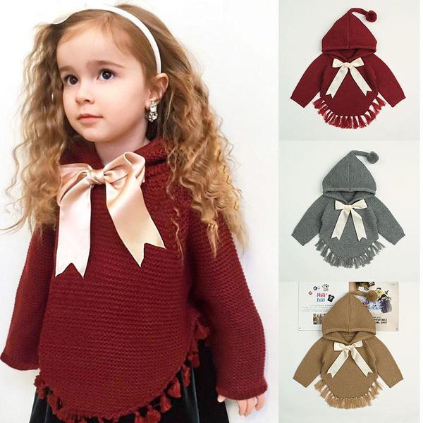 Kids Designer Clothes Girls Pullover Children Bow Knit Hoodie Spring Autumn Winter Sweater Cloak Fashion Baby Clothing Baby Poncho Knitting Pattern