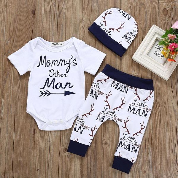 

newborn kids baby boy outfits clothes letter print romper jumpsuit+pants+hat set cotton long sleeve ears hooded outfit, White