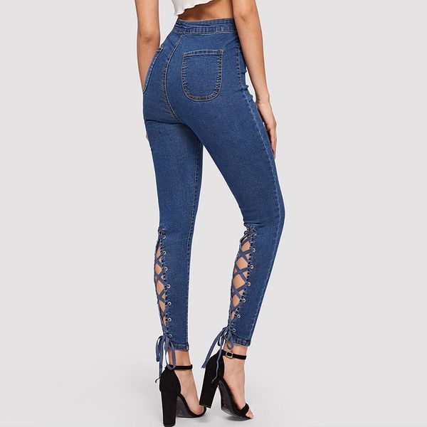 

jeans for women fashion high waist button bandage lace up pencil pant female casual washed skinny denim jeans women slim pantp40, Blue