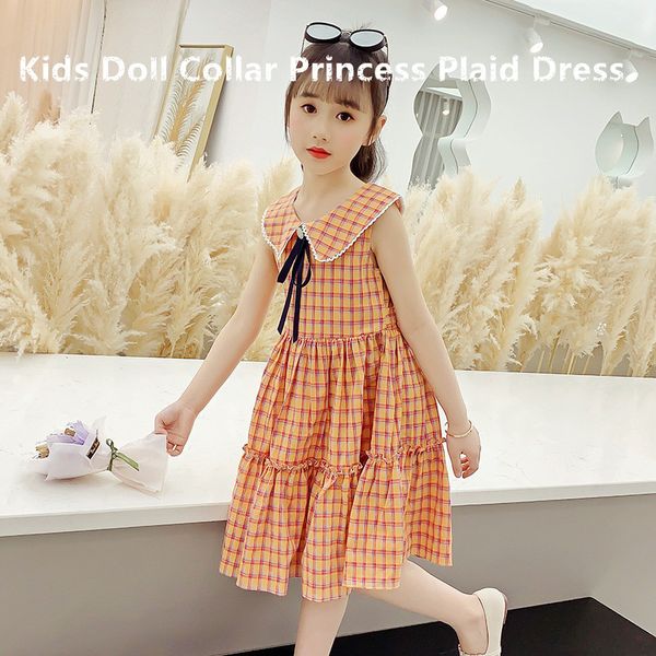 

girl sundress pink girls dress orange plaid dresses kids doll collar princess dress pleated skirt bowknot waistband summer 2020, Red;yellow