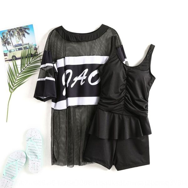 

one-piece swimsuit women's belly-covering skinny blouse 2020 spring fairy fan small chest gathered conservative swimsuit, White;black