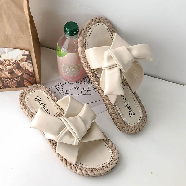 

butterfly-knot slippers casual shoes slides low slipers women flat soft 2020 basic fashion rubber pu butterfly-knot, Black