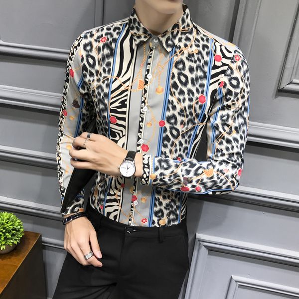 

new mens shirts luxury leopard print long sleeve mens dress shirts fashion casual slim fit nightclub party male plus size, White;black