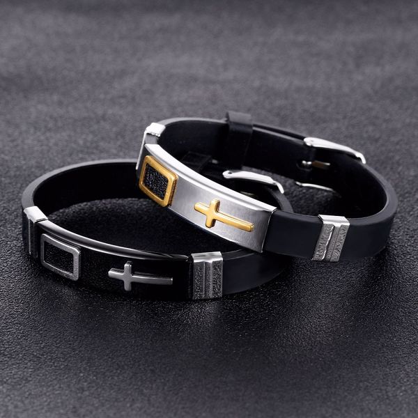 

fashion men silicone wristband bracelet stainless steel cross design jewelry punk men hip hop charm bracelets for gift men, Black