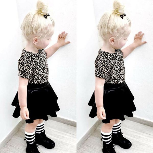 

1-5y toddler kids baby girls clothes sets leopard t-shirt leather a-line skirts 2pcs outfits clothes, White