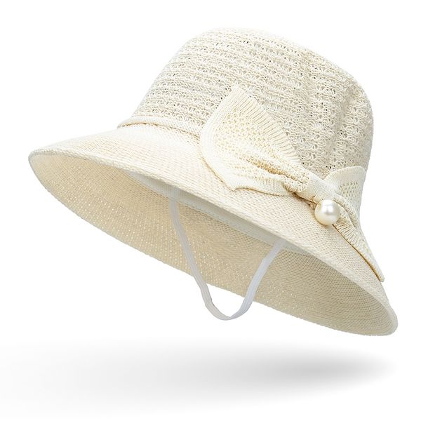 

2019big pearl sunshade hat with windproof rope summer new bow cool hat ladies outdoor sunscreen beach basin cap, Blue;gray