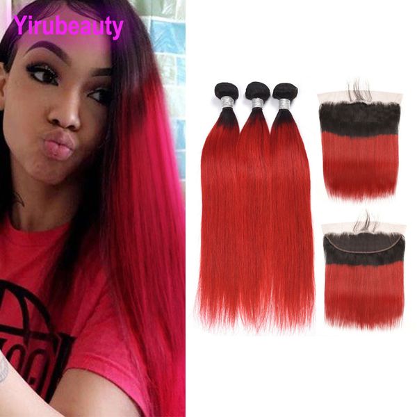 Brasilianische 1B/Rote Echthaarverlängerungen, gerade, 3 Bündel mit 13 x 4 Spitzenfront, vorgezupfte Produkte für glattes Haar, 4 Teile/los, 1B Rot