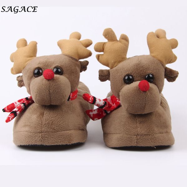

2019 fashion plush cotton christmas winter women home slippers warm indoor cutecartoon deer slippers shoes flip flops, Black