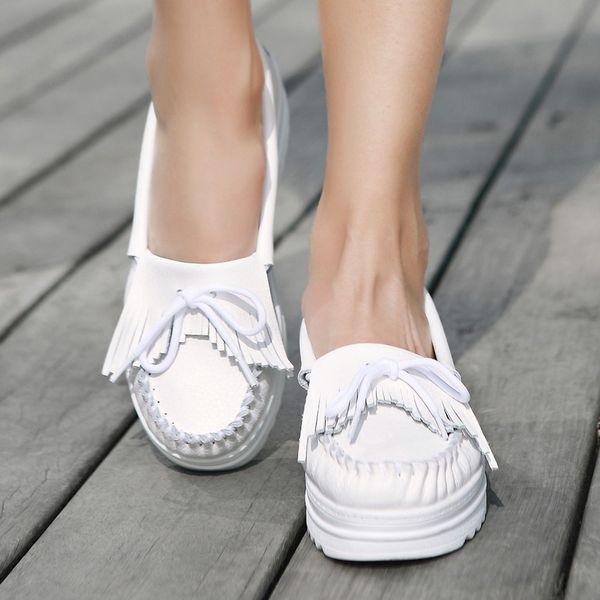 

women's flat platform bowtie tassels autumn moccasians ladies sewing slip on comfort white shoes female fashion loafers, Black