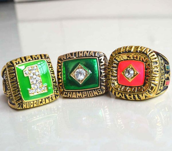 

3pcs/set 1983 1987 1989 miami hurricanes college football national championship ring american football fans souvenirs ring gifts for friends, Golden;silver