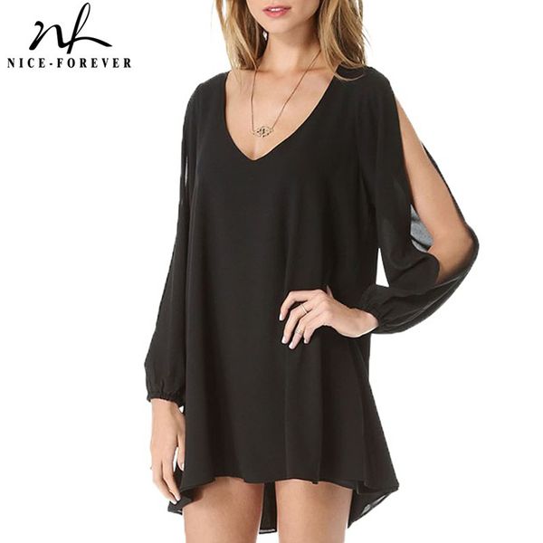 

nice-forever casual summer pure color split sleeve dresses beach women loose shift dress s01, Black;gray