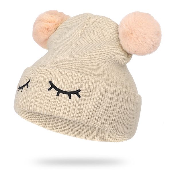

2019 autumn winter children's wool hat blinking bear embroidery double hair ball men and women baby baby child warm cap, Blue;gray