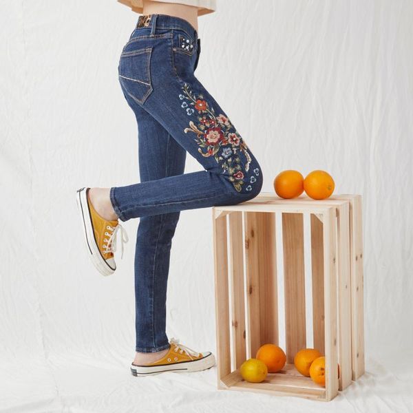 

chinese embroidery cotton women jeans comfy pencil pants trousers, Blue