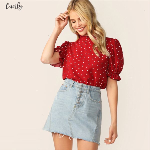 

frilled neck puff sleeve confetti heart print red stand collar short sleeve blouse elegant women summer blouses, White