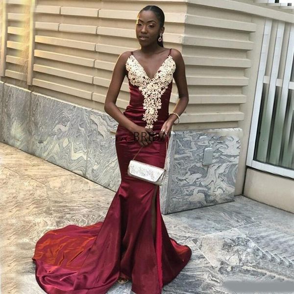 

burgundy prom dresses black gilrs mermaid spaghetti strapless long evening party gowns with gold appliqued