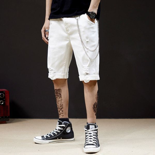 

fashion-japanese jean men designer jeans summer high street cave-breaking beggars wind retro five division denim white, Blue