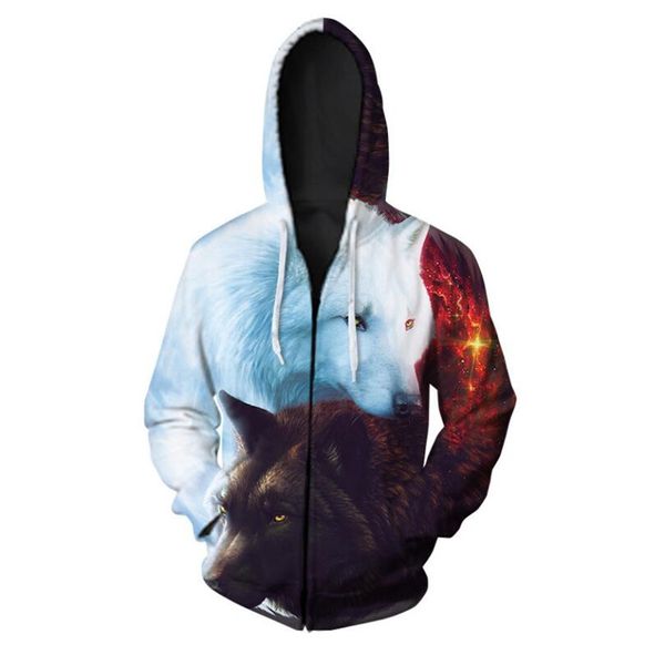 

2019 europe and the united states 3d digital printing new, wolf head men's hooded cardigan, Black