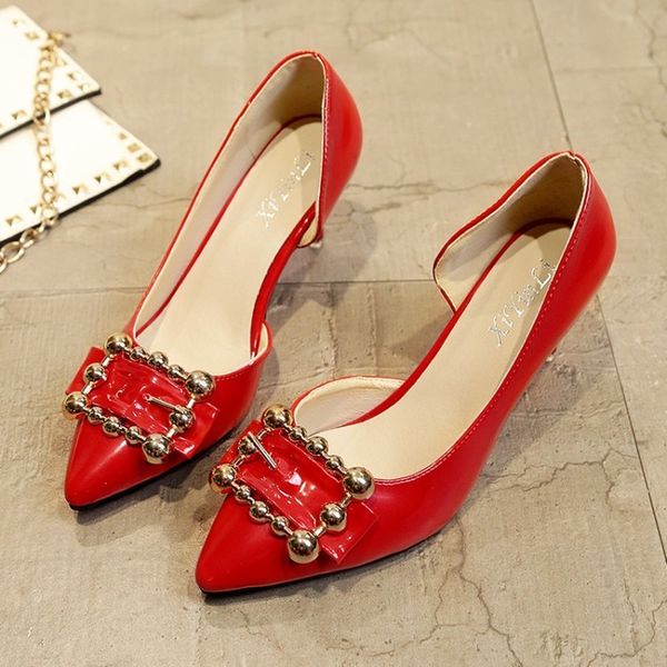

women fashion high heels lady solid leather crystal square buckle red pumps pointed female elegant wedding stiletto j14-12, Black