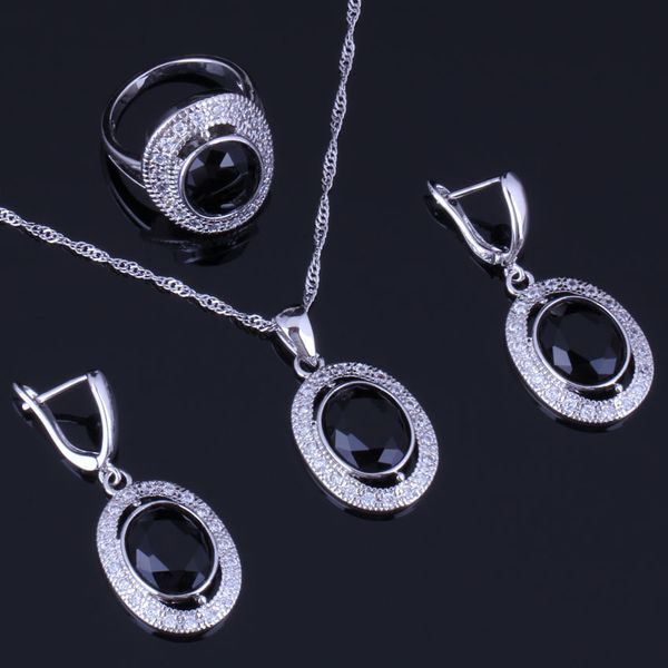 

exclusive oval black cubic zirconia white cz 925 sterling silver jewelry sets for women earrings pendant chain ring v0985