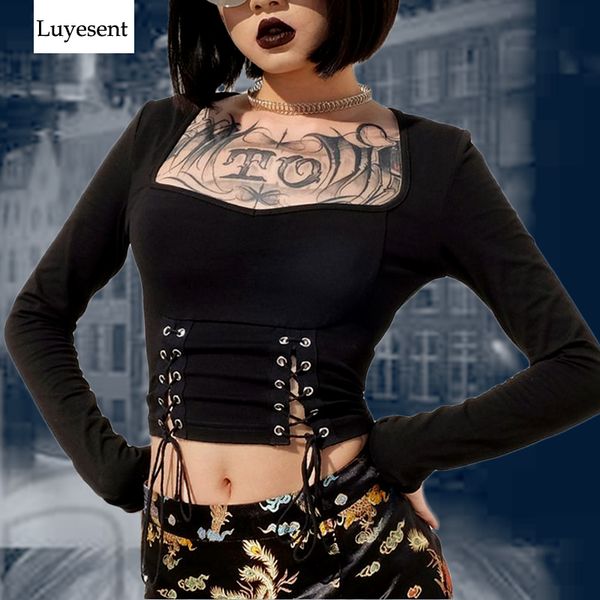 

black dark goth women short t-shirt 2020 lady lace-up bandage square collar tight tshirt punk gothic cool hollow out top, White