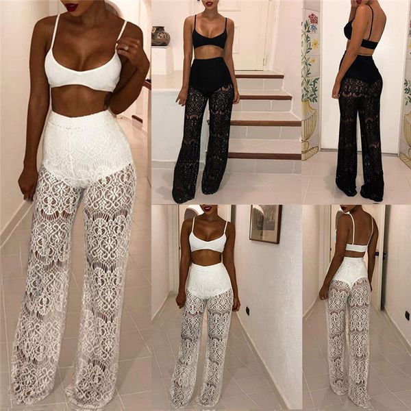 

femme lace see through long trousers beach summer holiday high waist pants hollow out pants look thin tall trousers, Black