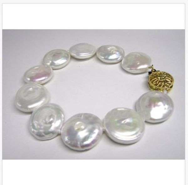 

huge 17-18mm white south sea coin pearl bracelet 7.5-8" 14k gold clasp, Black