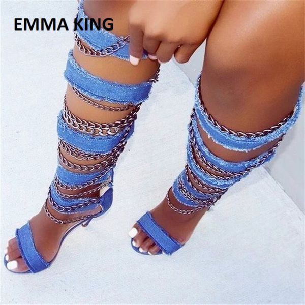 

women's denim metal chain wrap summer gladiator high heel sandals ladies knee high boot sandals in blue denim or black