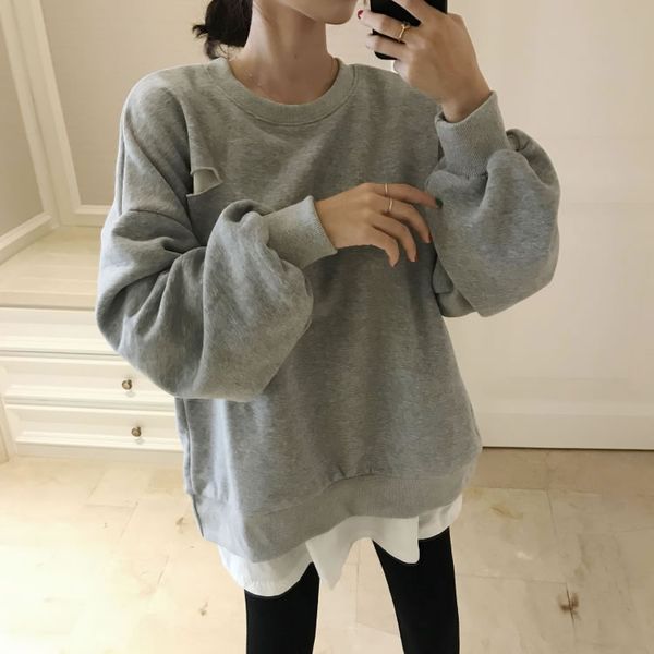 

false two piece women o neck pullover korea fashion pullover 2019 autumn patchwork pole patchwork print new, Black
