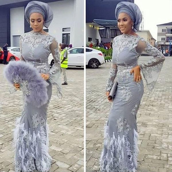 

gorgeous aso ebi arabic prom dresses mermaid high collar long sleeve evening dresses feather appliques formal party gowns, Black