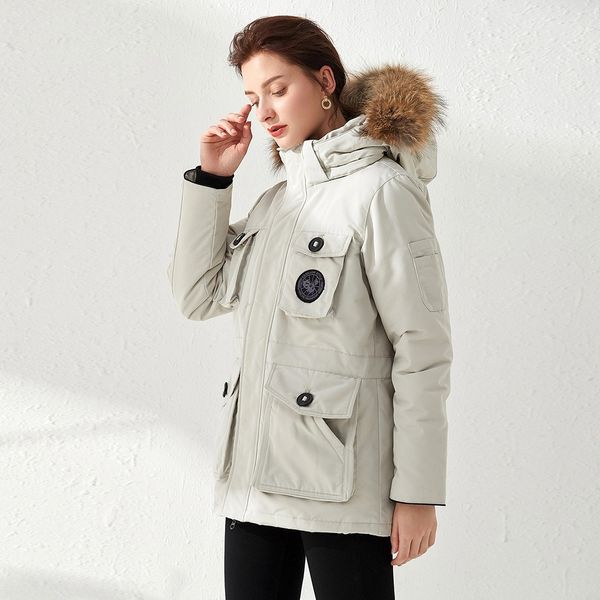 

women's winter parkas down jacket coat female medium long new big fur collar thick warm outwear fashion white duck down jacket#b, Black