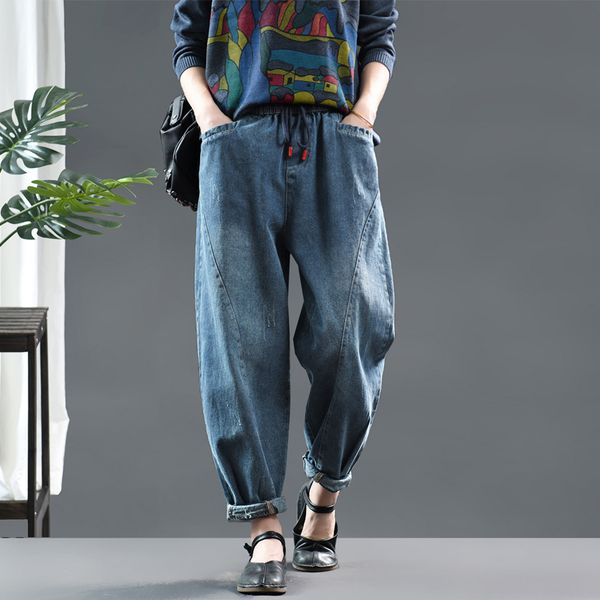 

2020 spring jeans retro women elastic waist spliced drawstring denim pants new ladies casual loose all-match denim trousers, Blue