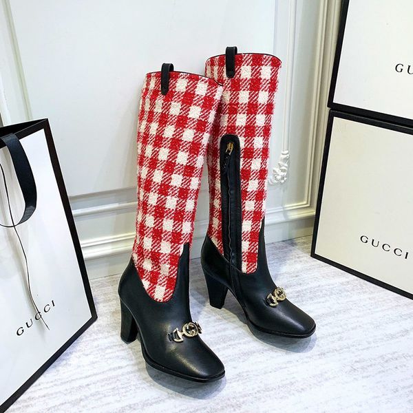 

2019 autumn and winter european station fashion boots high-heeled women's boots side zipper colorblock stripe matching with ms. knight, Black