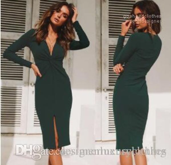 

spring autumn blackish green split up deep v-neck long sleeved pencil dress ol work bodycon dresses for women, Black;gray