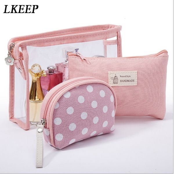 

fashion 3pcs/set waterproof transparent cosmetic bags women portable make up bag dot printed travel toiletry bag
