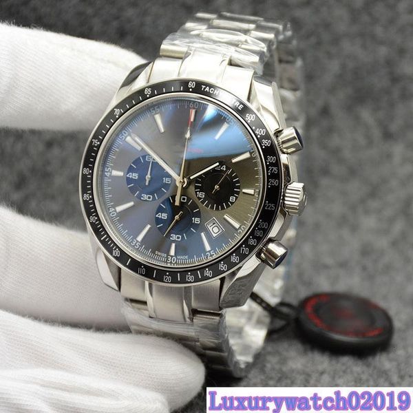 

44mm quartz chronograph date mens watches grey dial stainless steel bracelet fixed bezel with a ring showing tachymeter markings, Slivery;brown
