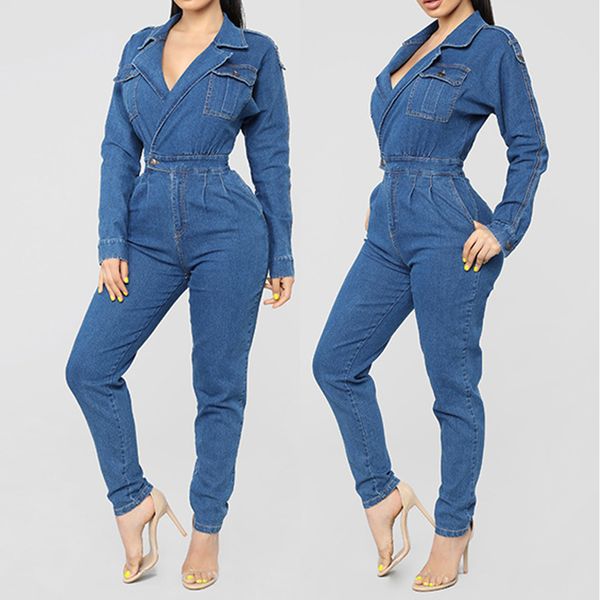 Mulheres denim jumpsuit 2019 senhoras manga comprida jeans macacões femininos casual plus size denim geral Playsuit com bolsos