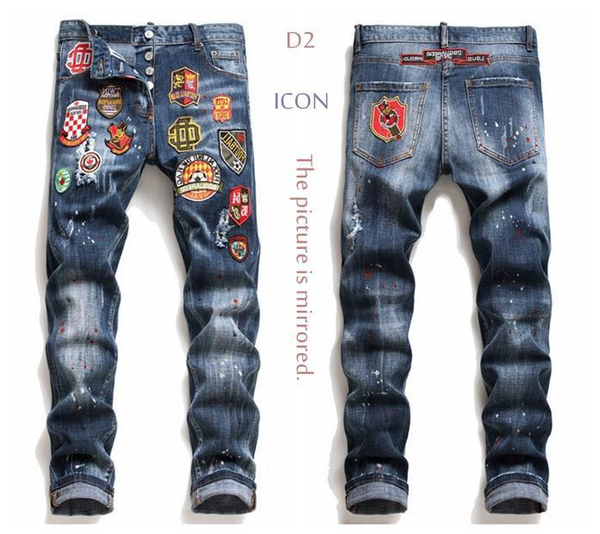 

new 2020 d2 mens jeans denim jean embroidery badges pants holes d2 jeans zipper icon pants trousers skinnydsq2jeans men fc01#, Blue