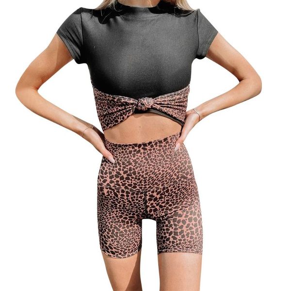 

женщины два бюстье sexy o-образным вырезом с коротким рукавом leopard печати лоскутное кинк тонкий crop tops высокой талией bodycon шорты же, White