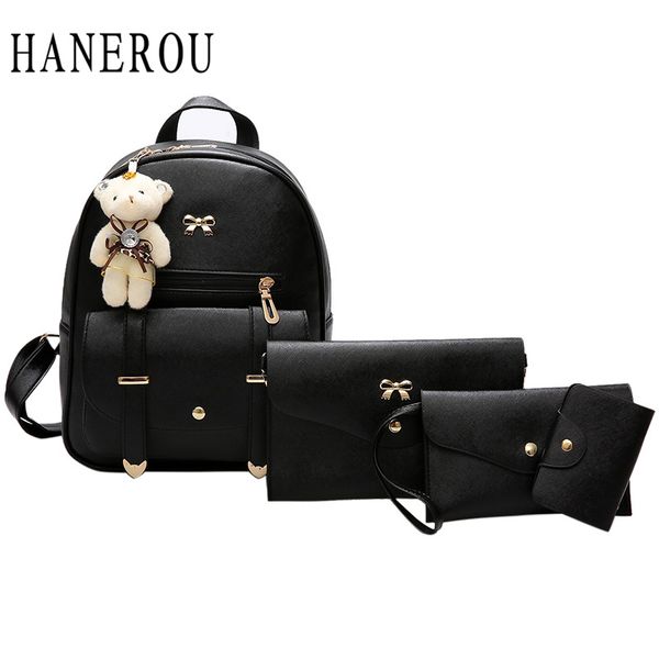 

мода медведь рюкзак женская сумка большой лук школьные сумки для девочек 4 шт. рюкзак женский кожаный рюкзак высокого качества сумки на ремн, Black;red