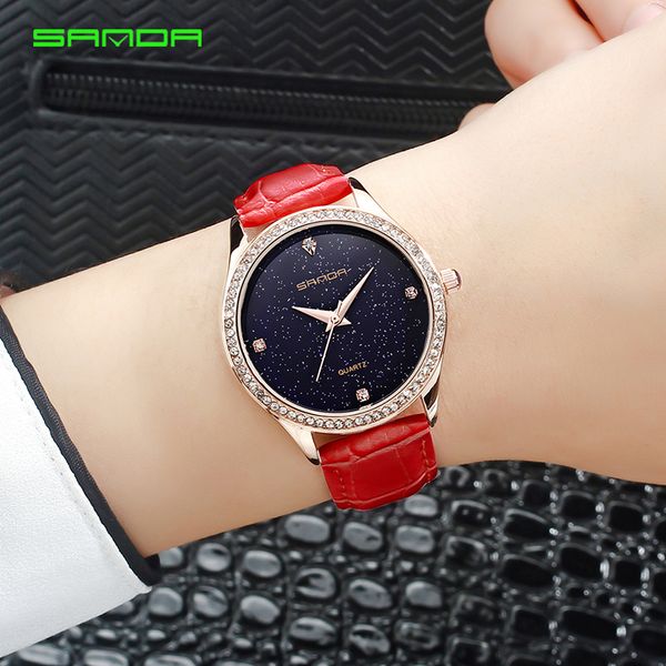 

sanda brand quartz watch womens waterproof leather fashion elegant ladies dress wristwatch red relogio faminino montre femme, Slivery;brown