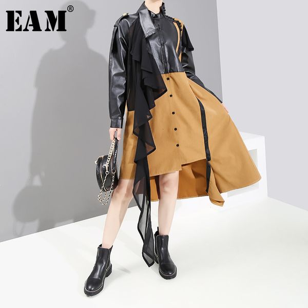 

eam] women split pu leather asymmetrical shirt dress new stand collar long sleeve loose fit fashion spring autumn 2019 1k469, Black;gray