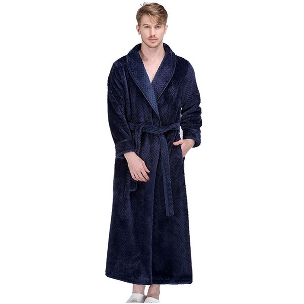 

2018 new men winter extra long robe flannel coral fleece bathrobe male full sleeve kimono bath robe male warm dressing gown, Black;brown